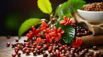 Coffee's Natural Symphony, Elements of Beans, Fruits, Flowers, and Leaves Gracing a Wooden Table photo