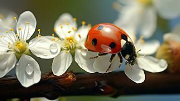 Ladybug with black eyes in macro. Ladybug on white flower. Generative AI photo