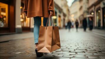 Woman hand holding shopping bags while walking on the street photo