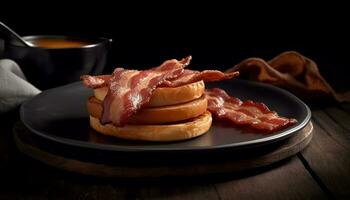 A rustic plate of prosciutto and bacon on a wooden table generated by AI photo