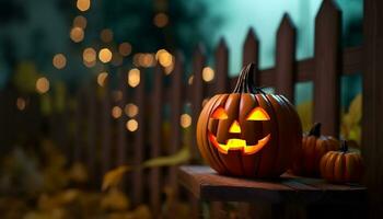 Spooky night, glowing pumpkin, autumn celebration, evil ghost, Halloween party generated by AI photo