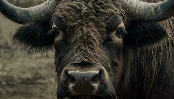 Cattle grazing on grass, close up portrait of cute cow generated by AI photo