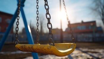 Child swinging on an old metal chain in an abandoned playground generated by AI photo