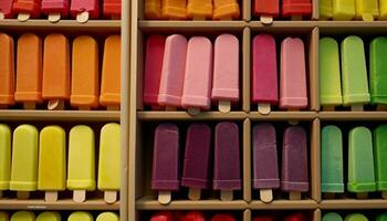 A vibrant collection of colorful desserts in a wooden container generated by AI photo