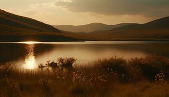 Tranquil scene majestic mountain range reflects in tranquil water generated by AI photo