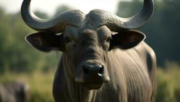 cerca arriba retrato de un con cuernos vaca pasto en un verde prado generado por ai foto