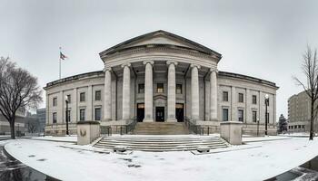 Famous winter capital, snow covered neo classical monument, symbolizing history and politics generated by AI photo