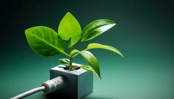 Green plant symbolizes sustainable energy, charging nature with clean power generated by AI photo
