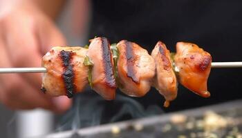 Grilled meat skewer, close up heat, cooking outdoors, pork gourmet fire generated by AI photo