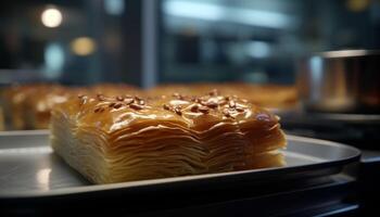 recién horneado baklava, un dulce y indulgente hecho en casa postre generado por ai foto