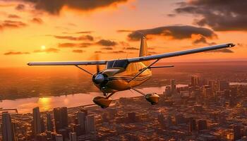 Flying airplane over cityscape at sunset, capturing aerial view of dusk generated by AI photo