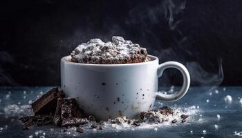 Dark chocolate coffee, hot and frothy, on a rustic wooden table generated by AI photo