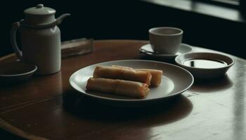 Freshly brewed coffee in a wooden cup on a table indoors generated by AI photo