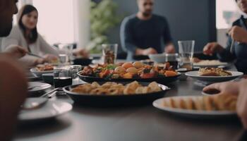 A group of friends enjoying a healthy meal together indoors generated by AI photo