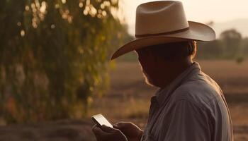 A man in casual clothing enjoys the sunset, looking at his phone generated by AI photo