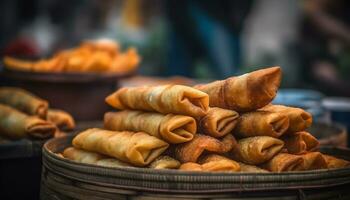 Freshness and homemade gourmet meal, close up of deep fried spring rolls generated by AI photo