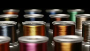 Close up of spools in a row, metal bottle threading sewing material generated by AI photo