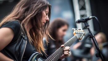 Young adult guitarist and singer performing outdoors, spreading happiness and fun generated by AI photo