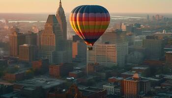 Skyscrapers soar above cityscape, hot air balloon floats mid air generated by AI photo