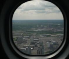 Looking through window, flying high above cityscape, panoramic urban skyline generated by AI photo