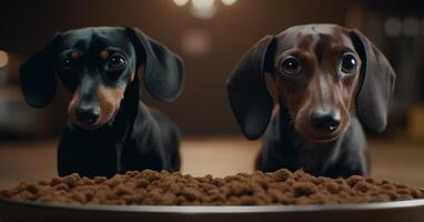 Cute puppy sitting, looking at camera, playing with food bowl generated by AI photo