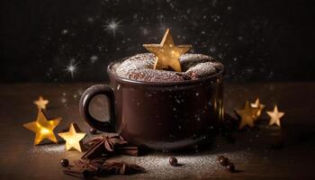 Hot chocolate on a rustic table, winter celebration in December generated by AI photo