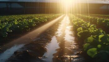 Fresh organic vegetables grow in a greenhouse, nourished by hydroponics generated by AI photo