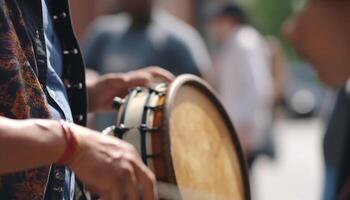 un músico jugando un percusión instrumento, sentado cerca arriba en etapa generado por ai foto