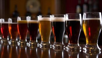 A frothy pint of stout, poured at a lively bar generated by AI photo