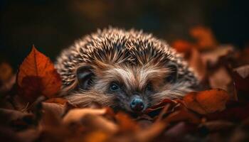 Cute young hedgehog in autumn forest, looking at camera alertly generated by AI photo