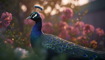 A vibrant peacock displays its majestic beauty in nature elegance generated by AI photo