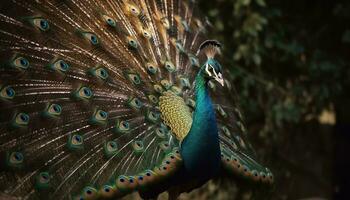 A vibrant peacock displays its majestic beauty in nature generated by AI photo