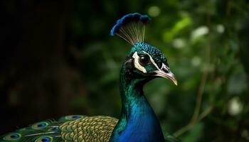 The majestic peacock displays vibrant colors in nature elegant portrait generated by AI photo