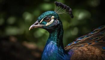 majestuoso pavo real muestra vibrante colores, exhibiendo belleza en naturaleza generado por ai foto