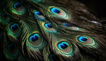 Vibrant peacock feather showcases nature beauty in multi colored elegance generated by AI photo