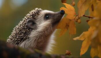 Cute hedgehog looking at tree, small mammal in autumn generated by AI photo