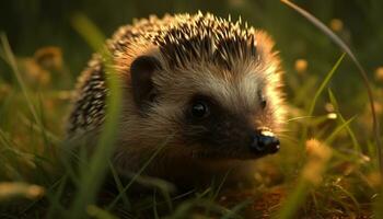 Cute hedgehog in the grass, looking at camera, outdoors generated by AI photo