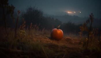 Spooky pumpkin lantern glows in dark autumn forest at night generated by AI photo