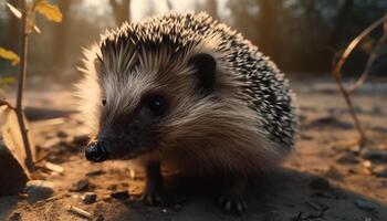 Cute hedgehog, small mammal, outdoors, nature, close up, furry animal generated by AI photo