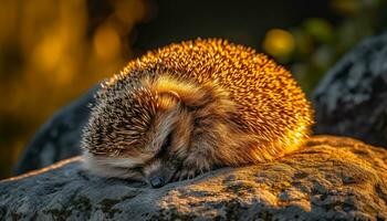 Cute mammal, small hedgehog sleeping in grass, eyes closed peacefully generated by AI photo