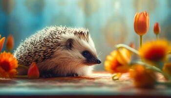 Cute hedgehog, small mammal, fluffy fur, close up, outdoors, nature generated by AI photo