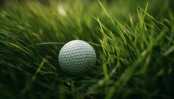 Grass, golf, sport, ball, close up, outdoors, tee, golf course, green color generated by AI photo