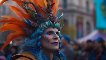 vistoso mujer en tradicional festival disfraces desfile en un de viaje carnaval generado por ai foto