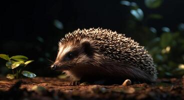 Cute hedgehog in nature, small mammal with bristle and fur generated by AI photo