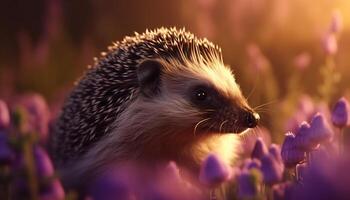 Cute hedgehog with fluffy fur looking at camera in green grass generated by AI photo