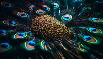 Peacock feather, vibrant colors, elegant beauty, nature abstract decoration generated by AI photo