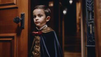 A cute boy in a costume stands confidently at the door generated by AI photo