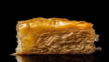 Freshly baked pastry item on a black background, ready to eat dessert generated by AI photo