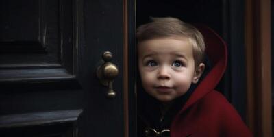 Cute toddler smiling, looking at camera, playing outdoors with joy generated by AI photo