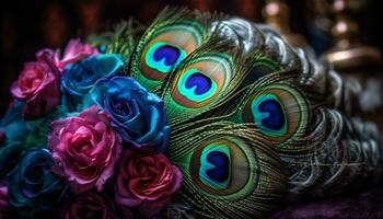 multi de colores pavo real pluma, belleza en naturaleza, vibrante azul decoración generado por ai foto